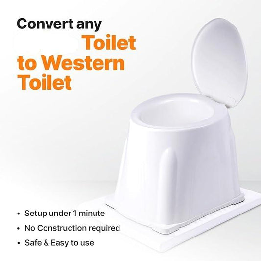 Heavy-duty portable toilet converter for easy transition to a Western-style commode, ideal for adults and those with disabilities.