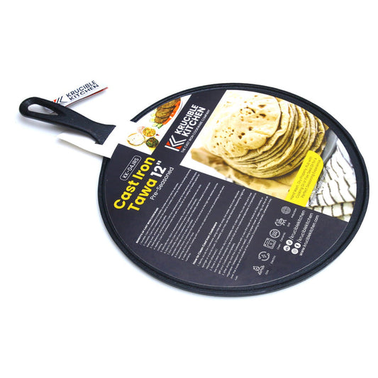 12-inch cast iron Tawa, naturally non-stick, perfect for cooking rotis, parathas, dosas, and more.