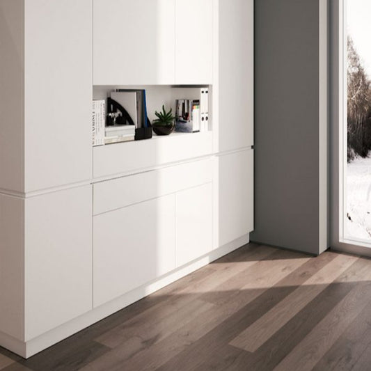 Pull-out peninsula table extending from a drawer compartment.