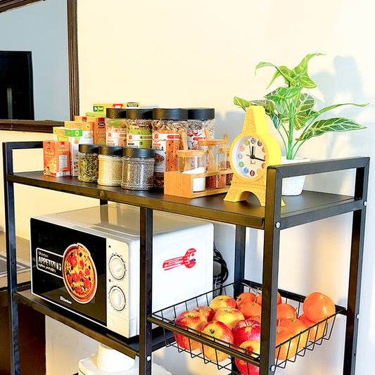 Heavy-duty multifunctional metal storage rack with spacious shelves and optional wheels.