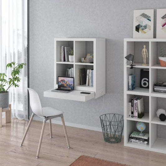 Wall-mounted workstation with pull-out desk and storage shelves.