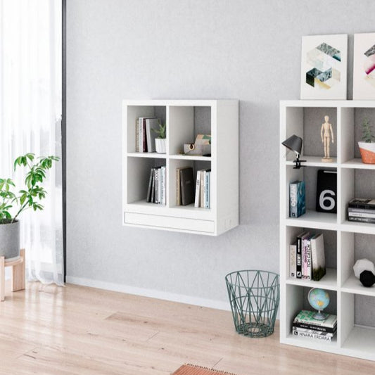 Wall-mounted workstation with pull-out desk and storage shelves.