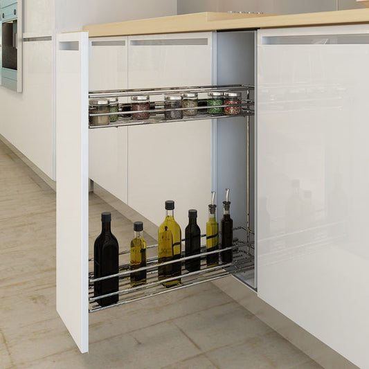 Side-mounted multipurpose kitchen rack with a soft-close mechanism, chrome finish, and compact 210mm x 475mm design.