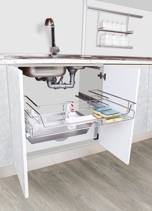 Under-sink drawer organizer with undermount rail, providing easy access to cleaning supplies and storage.