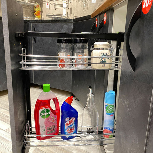 Side-mounted multipurpose kitchen rack with a soft-close mechanism, chrome finish, and compact 210mm x 475mm design.