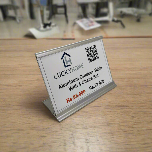 Sleek aluminum price tag stand with a clear product label.