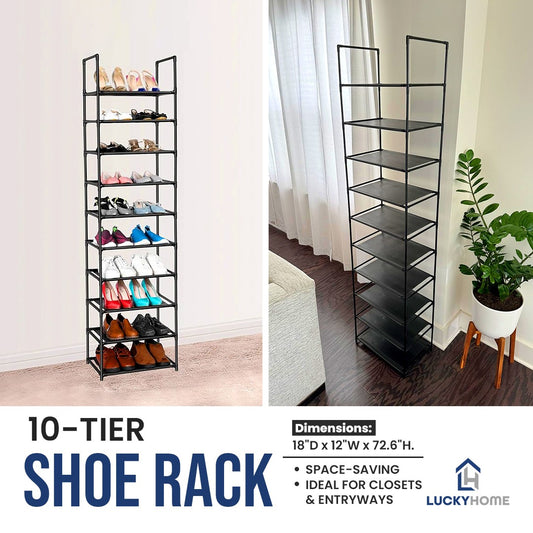 10-Tier Shoe Rack High Capacity & Space-Saving ideal for Closets and Entryways, 6 Feet Height.