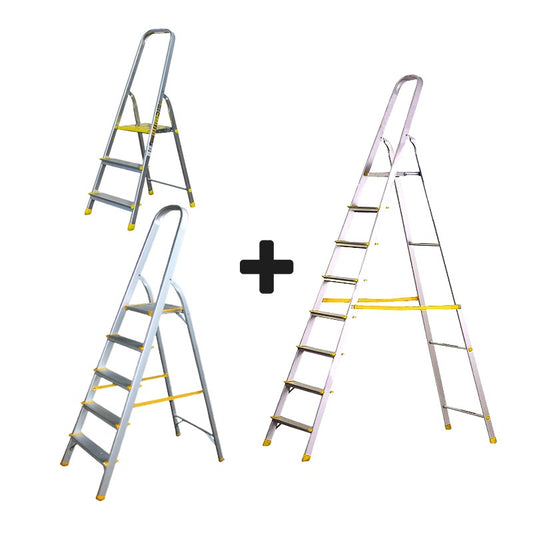 Aluminum Ladder Set: 3 Steps, 5 Steps & 8 Steps.