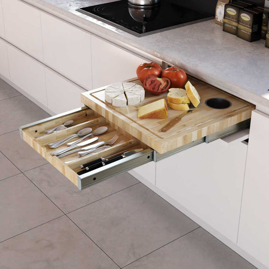 Pull-out kitchen cutting board system with integrated knife holder and aluminum basket.