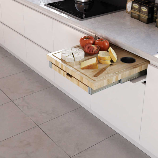 Pull-out kitchen cutting board system with integrated knife holder and aluminum basket.