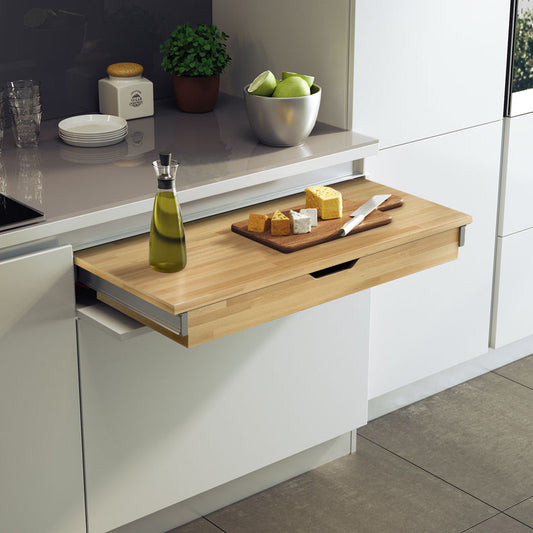 Aluminum mechanism pull-out kitchen drawer with integrated extra countertop.