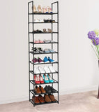 Tall, 10-tier shoe rack with durable construction, 18 inches deep, 12 inches wide, and 72.6 inches high.