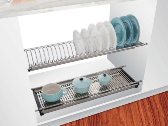 Stainless steel overhead dish rack for efficient kitchen storage and organization.