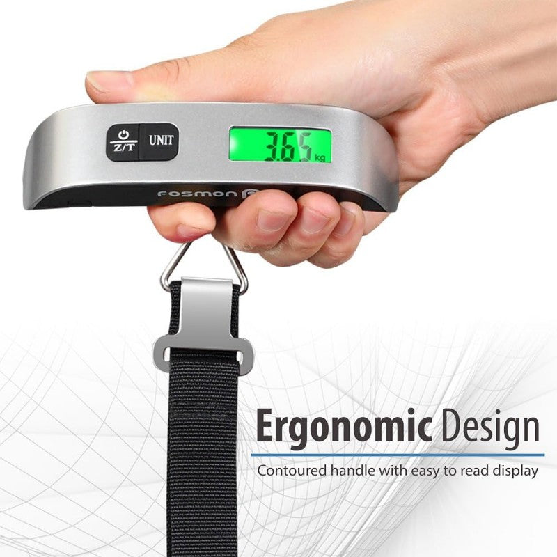 Portable digital luggage scale with LCD display and 50kg capacity.