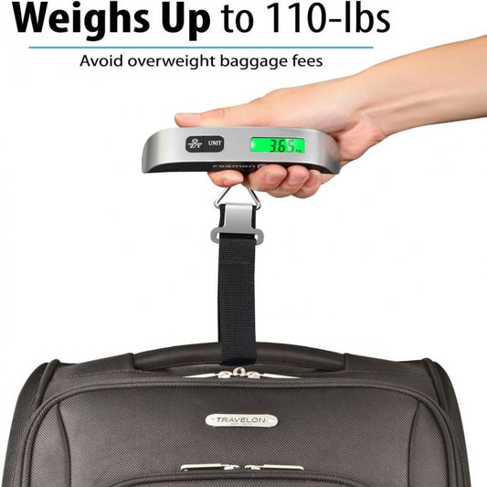 Portable digital luggage scale with LCD display and 50kg capacity.