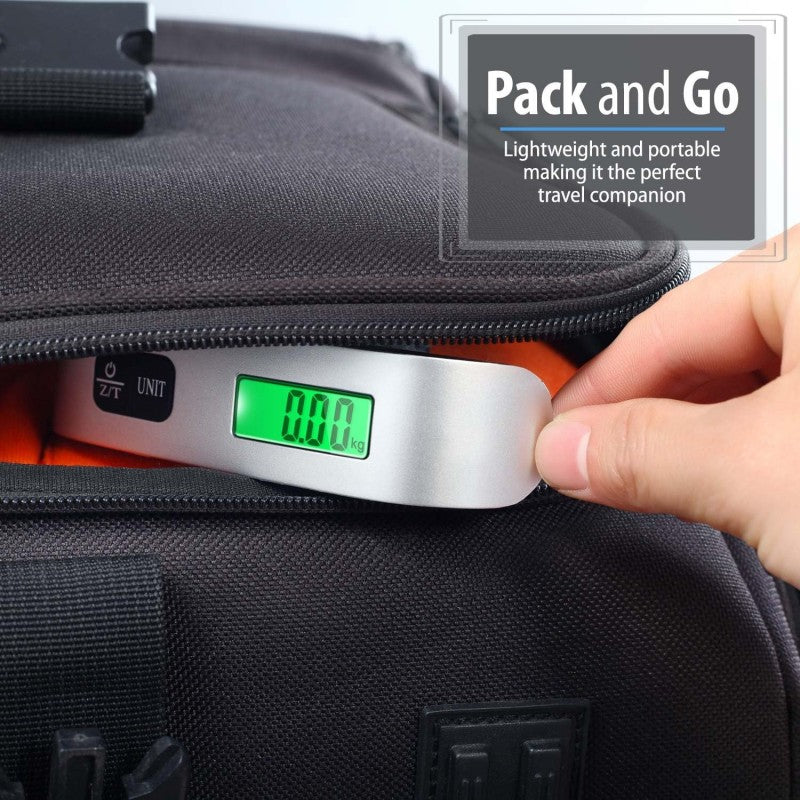 Portable digital luggage scale with LCD display and 50kg capacity.