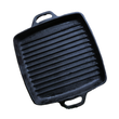 11-inch cast iron grill pan with dual handles and raised ridges for even cooking and perfect grill marks.