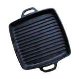 11-inch cast iron grill pan with dual handles and raised ridges for even cooking and perfect grill marks.