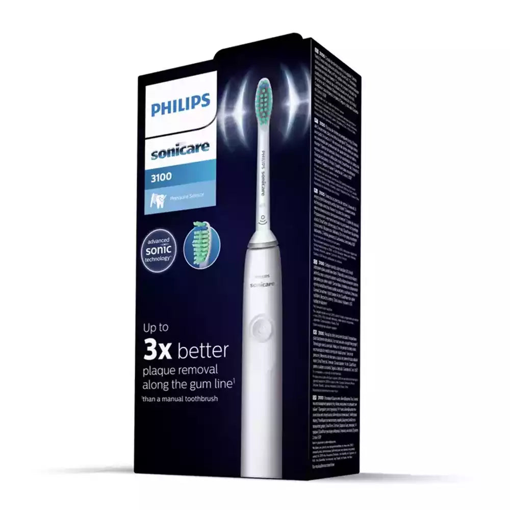 Philips Sonicare 3100 Series electric toothbrush with sonic technology, pressure sensor, and SmartTimer for effective plaque removal and gum care.