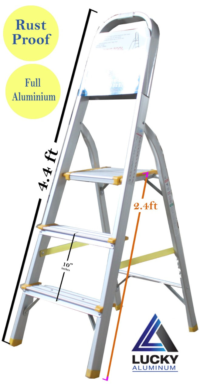 Lightweight aluminum ladders with 3, 5, and 8 steps, foldable with handle, rust and corrosion resistant, suitable for household and outdoor use by Lucky Home.