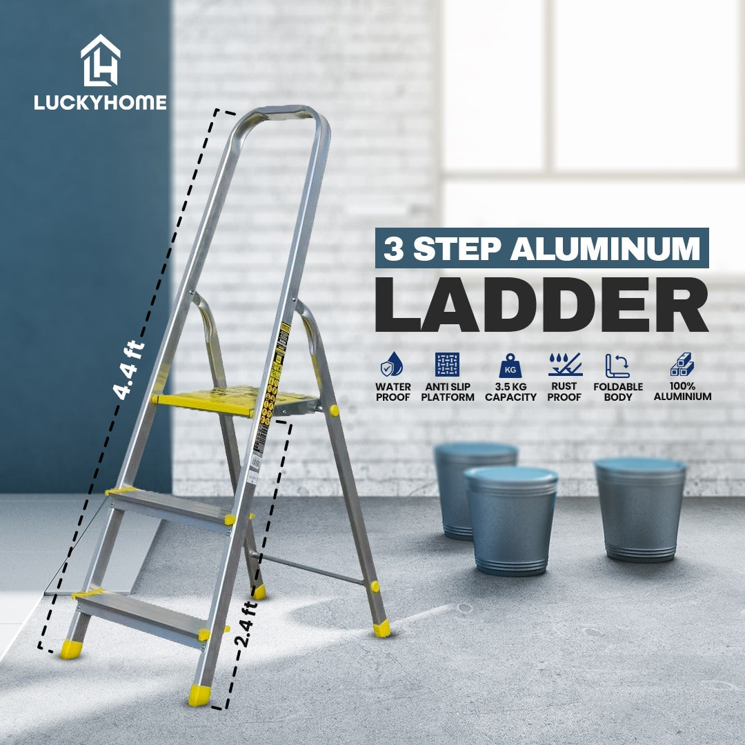 Lightweight aluminum ladders with 3, 5, and 8 steps, foldable with handle, rust and corrosion resistant, suitable for household and outdoor use by Lucky Home.