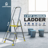 3 and 6 step lightweight aluminum ladders by Lucky Home, foldable with handle, rust-resistant, and non-slip feet. Affordable prices for household and outdoor use.