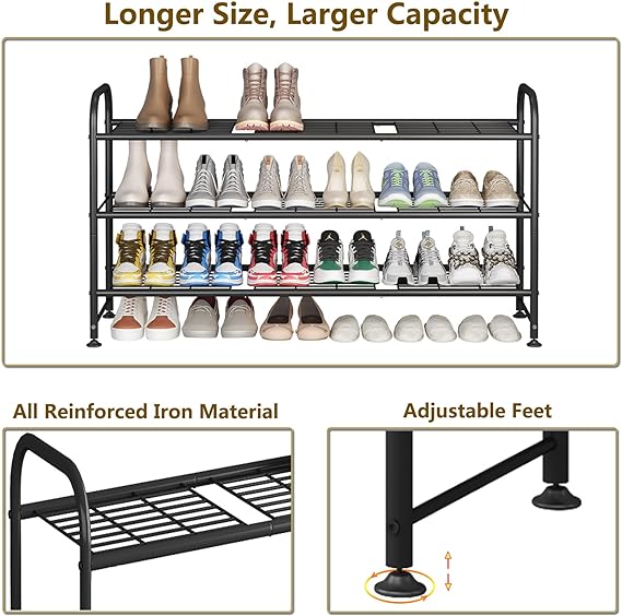 3 Tier Long Shoe Rack Storage Organizer for Closet Entryway Metal Black