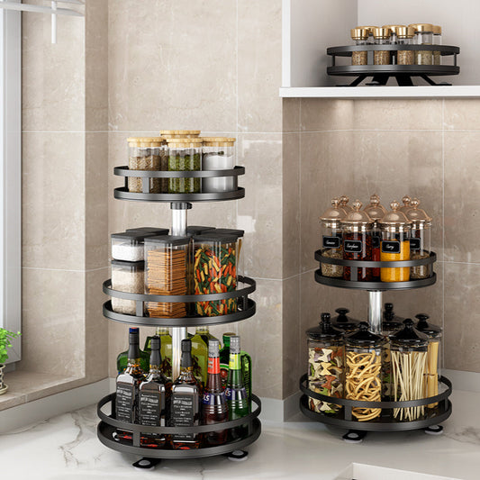 3 Tier height adjustable rotating organizer rack with detachable trays and 360° rotation. Durable BPA-free metal construction with non-slip silicone pads and raised edges for stable and secure storage of spices, condiments, and other items. Dimensions: 26x26x56 cm.