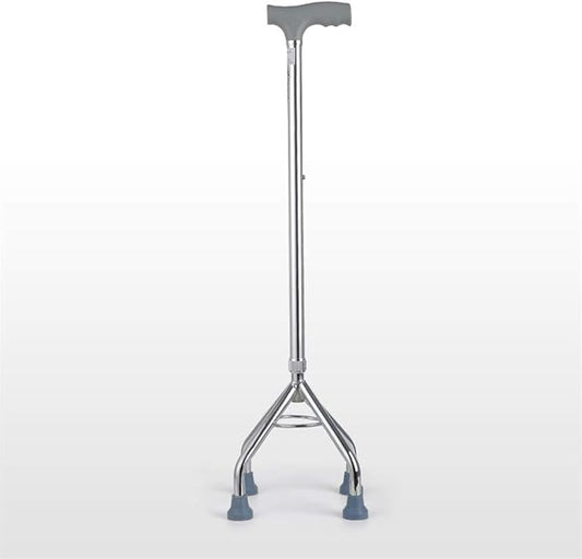 Height-adjustable four-legged walking stick with ergonomic handle for stability and support, ideal for seniors and patients.