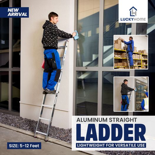 Aluminum Straight Ladder, Lightweight Fixed Ladder for Versatile Use (5, 6, 7, 8, 9, 10, 11, 12 feet)