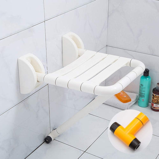 Foldable wall-mounted shower seat for comfort, safety, and space-saving versatility.