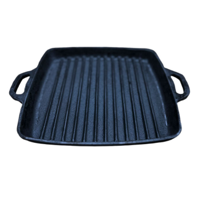 11-inch cast iron grill pan with dual handles and raised ridges for even cooking and perfect grill marks.