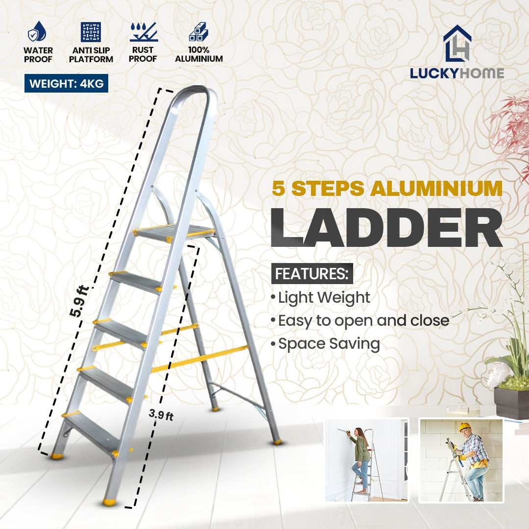 5 and 8 step aluminum ladders by Lucky Home, foldable with handle, rust-resistant, and non-slip feet. Ideal for household and outdoor use, available at affordable rates.