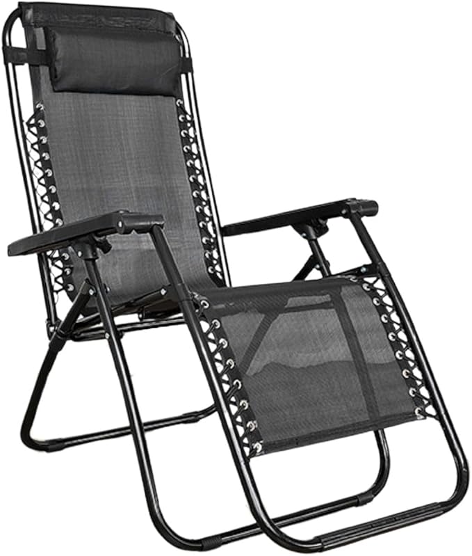 Folding reclining camping chair with breathable mesh, adjustable tilt, and detachable headrest for outdoor comfort.