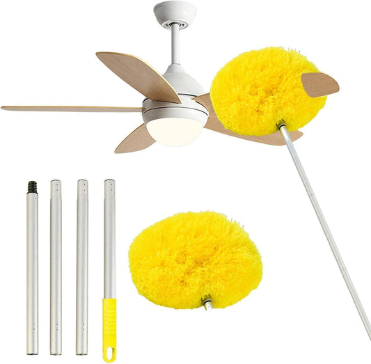 Multipurpose ceiling fan duster with triangular head and extendable handle for efficient high-reach cleaning.