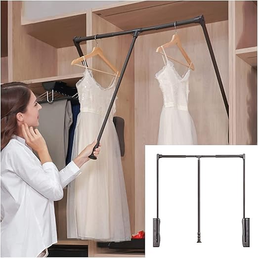 Adjustable wardrobe pull-down hanger with durable aluminum construction and sleek black finish.