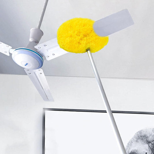 Multipurpose ceiling fan duster with triangular head and extendable handle for efficient high-reach cleaning.