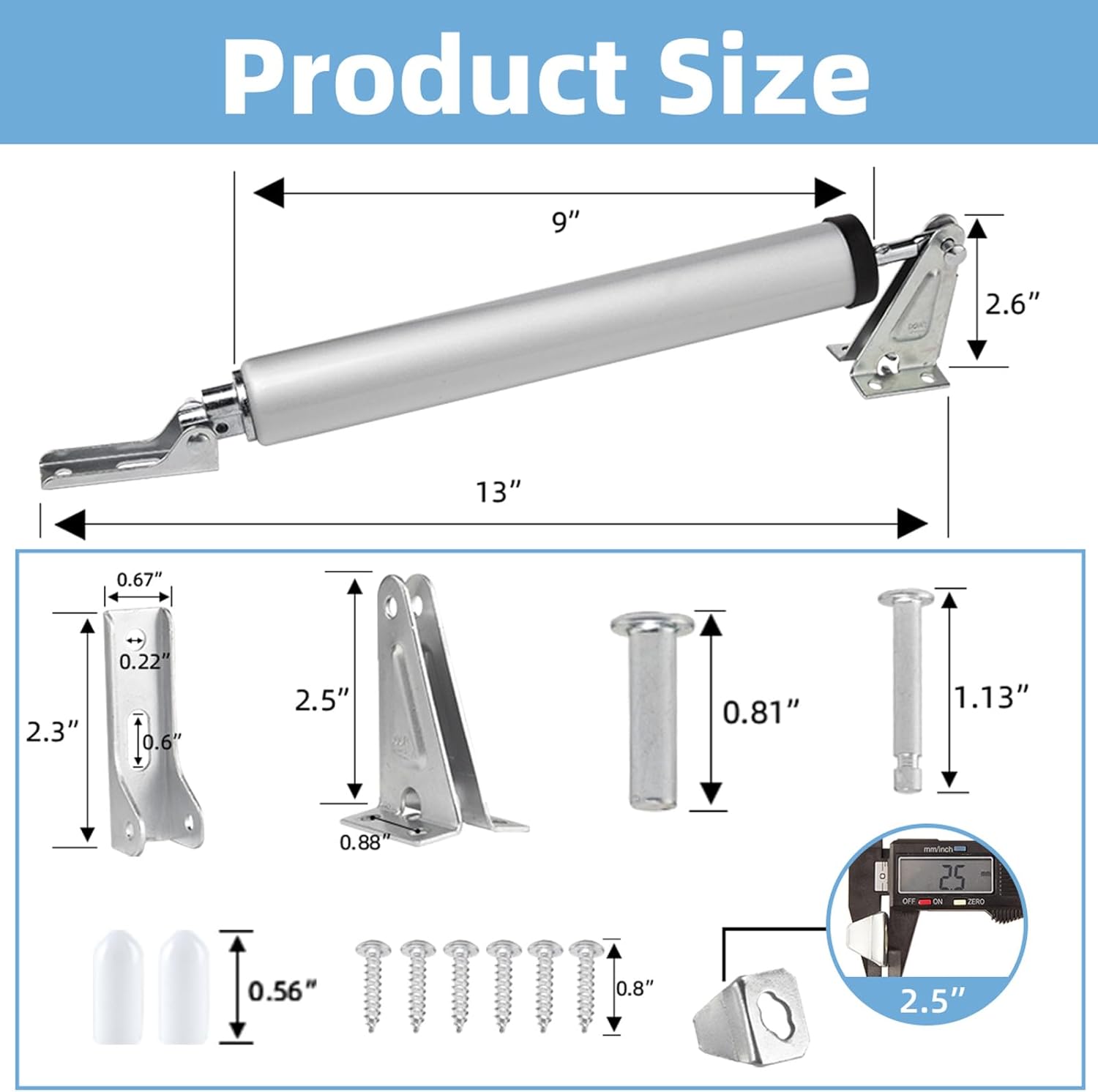 Silver adjustable air storm door closer with speed adjustment and 10-inch length, suitable for various door types.