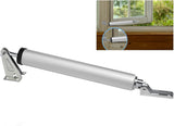 
Silver adjustable air storm door closer with speed adjustment and 10-inch length, suitable for various door types.