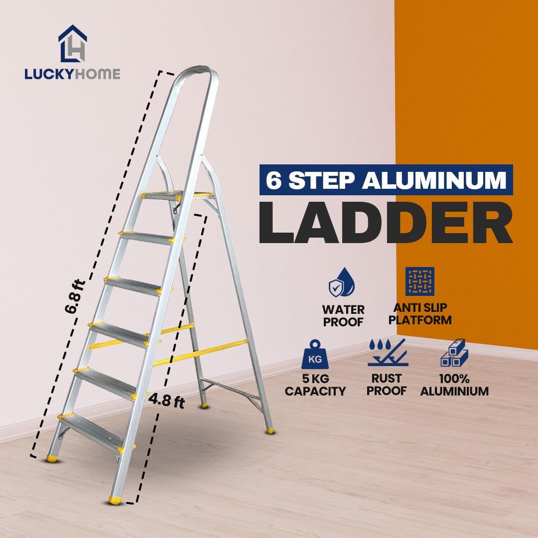 3 and 6 step lightweight aluminum ladders by Lucky Home, foldable with handle, rust-resistant, and non-slip feet. Affordable prices for household and outdoor use.