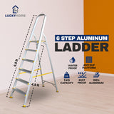 3 and 6 step lightweight aluminum ladders by Lucky Home, foldable with handle, rust-resistant, and non-slip feet. Affordable prices for household and outdoor use.