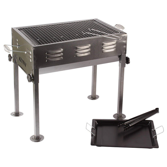 Portable briefcase-style charcoal BBQ grill and tandoor with folding stand for outdoor cooking.