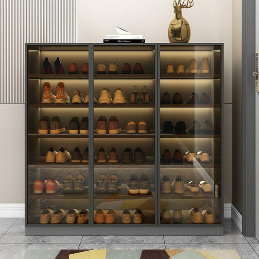 6-tier glam style shoe storage cabinet with glass doors, perfect for entryway and balcony storage.