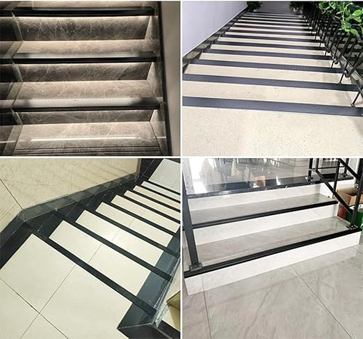 Aluminum stair nosing with fluted design, 36'' waterproof, non-slip trim, and pewter finish for indoor and outdoor use.