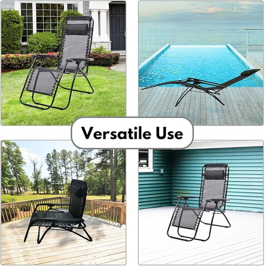 Folding reclining camping chair with breathable mesh, adjustable tilt, and detachable headrest for outdoor comfort.