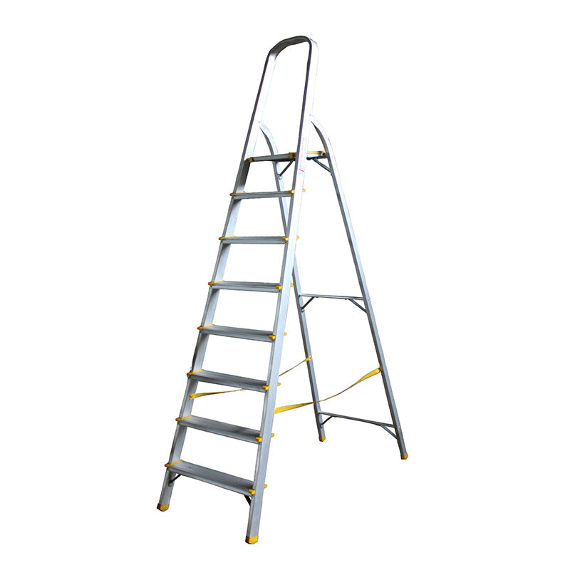 5 and 8 step aluminum ladders by Lucky Home, foldable with handle, rust-resistant, and non-slip feet. Ideal for household and outdoor use, available at affordable rates.