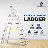 Lightweight aluminum ladders with 3, 5, and 8 steps, foldable with handle, rust and corrosion resistant, suitable for household and outdoor use by Lucky Home.