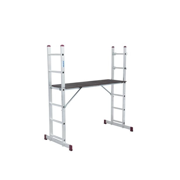 Multi-functional aluminum scaffold ladder with adjustable configurations, shown as a work platform. Features include a non-slip surface, spacious 147x50 cm platform, durable construction, and a maximum load capacity of 150 kg. Ideal for both professional and DIY projects.