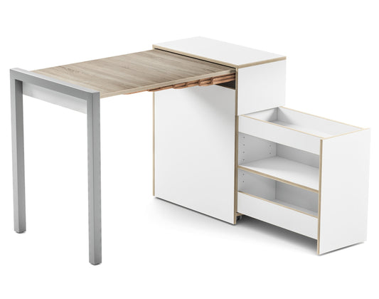 Compact pull-out table cabinet with integrated storage shelves and metal leg.