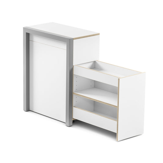 Compact pull-out table cabinet with integrated storage shelves and metal leg.